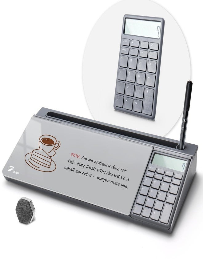 TOWON Desktop Glass Whiteboard with Basic Calculator, 12 Digit LCD Display, Desk Organizers with Accessories for Office, Home, School Supplies, Storage with Dry Erase Board Surface, Gray, 18'' x 6'' - Image 1